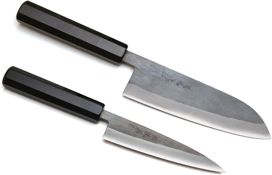 Yoshihiro Kurouchi Black-Forged Blue Steel Stainless Clad Santoku Chefs Knife and Petty Utility Knife 2pc Set Ebony Handle (Santoku 165mm / Petty 135mm & Saya Cover)