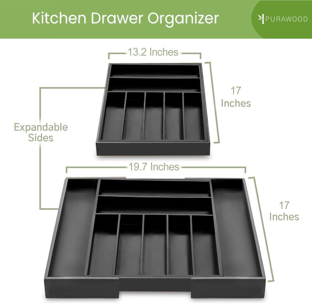 Purawood Kitchen Drawer Organizer with Knife Blocks - Utensil Drawer Organizer for Kitchen, Cutlery Tray & Silverware Organizer, 3-5 Slots - Bamboo Organizer for Utensils & Flatware (Natural)