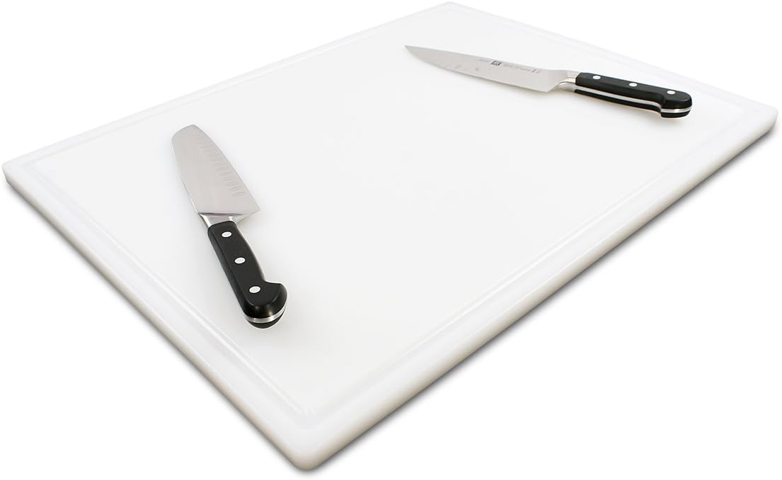 Commercial Grade Plastic Cutting Board with Juice Groove - 18 x 12 Inch for Carving Meat, Grilling, BBQ - 1/2" Thick White HDPE Poly for Food Service
