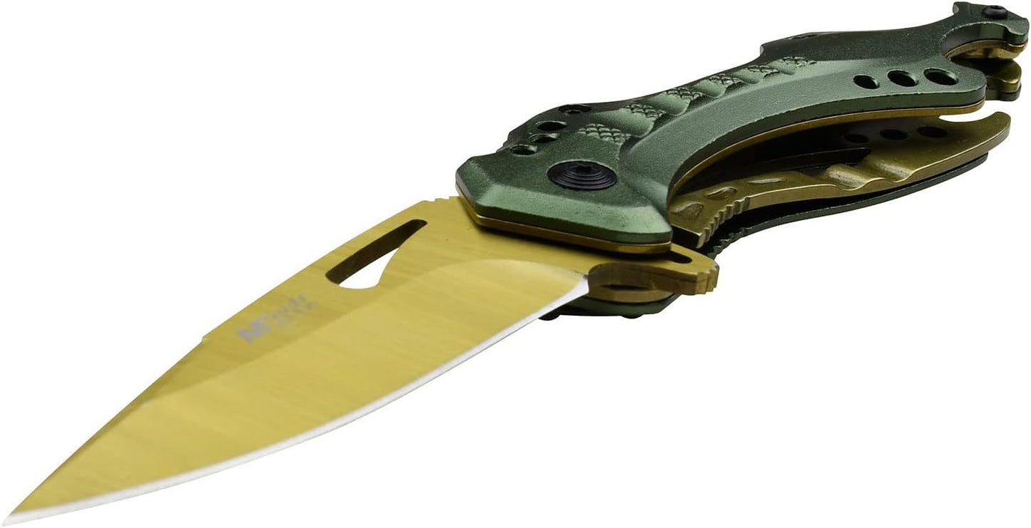 MTECH USA Folding Knife, 3.75-Inch Half-Serrated Blade, Titanium Coating, Glass Breaker, Pocket Clip