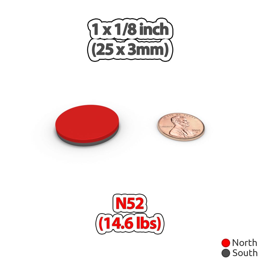 N52 Neodymium Disc Magnets 25mm x 3mm (1 x 1/8 inch) 14.6 lbs Pull – Strong Rare Earth Round Magnets for DIY Crafts, Cabinet Latches, Knife Strip (10 Pack)