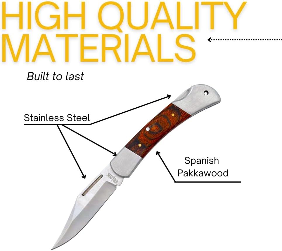 Rtek 3.75" Spanish Brown Wood Handle Pocket Knife, Lockback Traditional Folding Knife with Stainless Steel Blade for Outdoor, Survival, EDC, Camping, and Every Day Carry, Gifts for Men