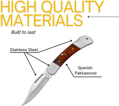 Rtek 3.75" Spanish Brown Wood Handle Pocket Knife, Lockback Traditional Folding Knife with Stainless Steel Blade for Outdoor, Survival, EDC, Camping, and Every Day Carry, Gifts for Men