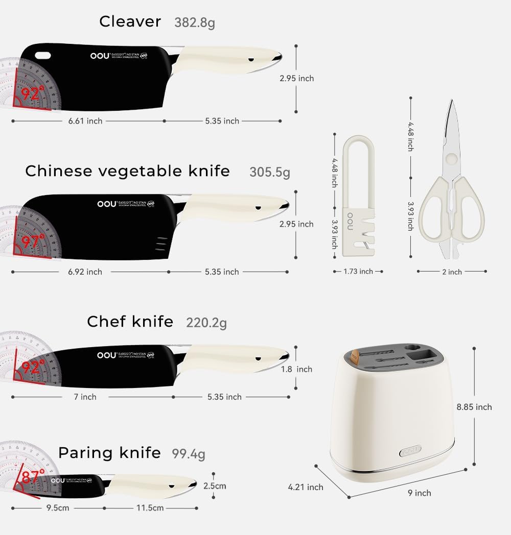 OOU Kitchen Knife Block Set - 15 Pieces High Carbon Stainless Steel Knife Block Set with Built-in Sharpening Blocks, Black