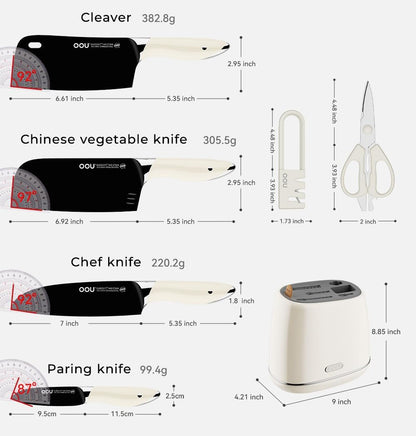 OOU Kitchen Knife Block Set - 15 Pieces High Carbon Stainless Steel Knife Block Set with Built-in Sharpening Blocks, Black