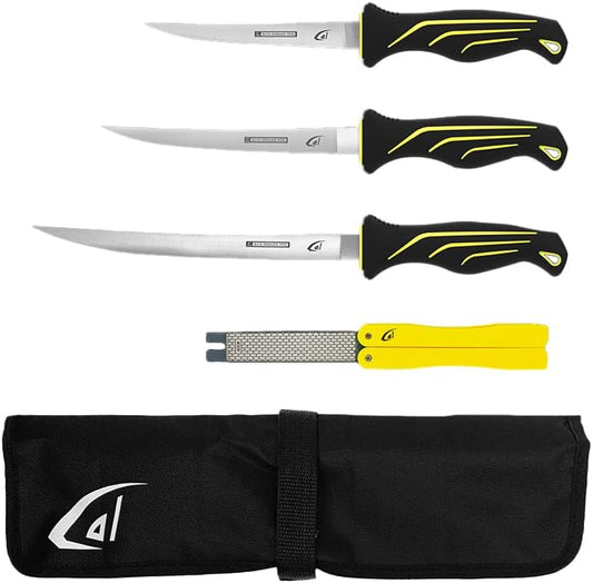 danco 4PC Fishing Fillet Knife Kit, 6", 7", 9" with Roll Bag, Fish Fillet and Deboning Knives, Freshwater and Saltwater Fishing, Non-Slip Handle, Durable Roll Bag, Stainless Steel Blades