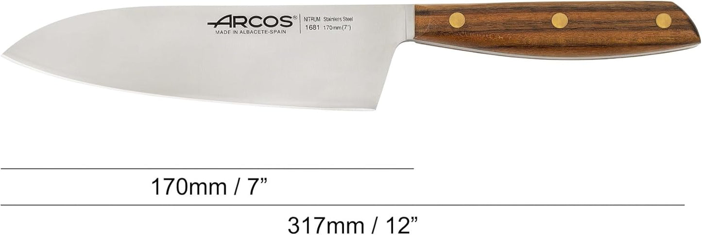 Arcos Deba Knife 7 Inch Stainless Steel. Japanese Kitchen Knife for Fish, Meat and Vegetables. Ovengkol Wood Handle 100% natural FSC and 170mm Blade. Series Nordika. Color Brown.
