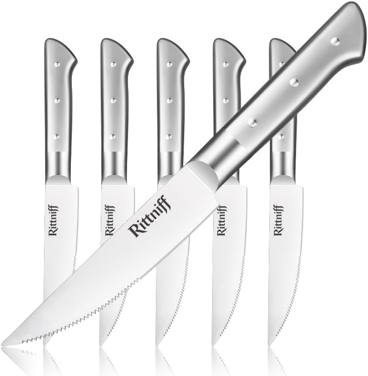 Steak Knives Set of 4, 5-Inch Serrated Stainless Steel Steak Knife Set with Wide Stainless Handle, Gift-Ready Box for Steak Night, BBQ, Housewarming & Wedding