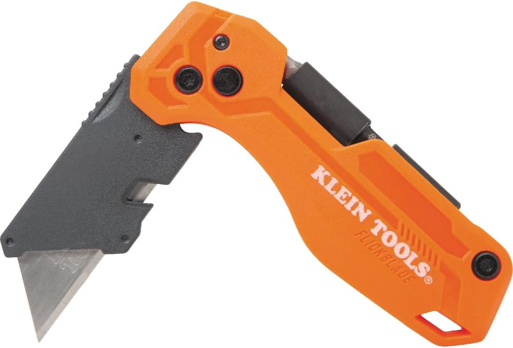 Klein Tools 44306 FLICKBLADE 2-in-1 Folding Utility Knife and Scraper with Built-In Blade Storage, Dual Locking Positions, Includes 3 Triple-Ground Carbon Steel Blades