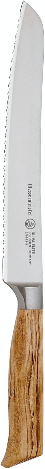 Messermeister Oliva Elite 9” Scalloped Bread Knife - Fine German Steel Alloy Blade & Natural Mediterranean Olive Wood Handle - Rust Resistant & Easy to Maintain