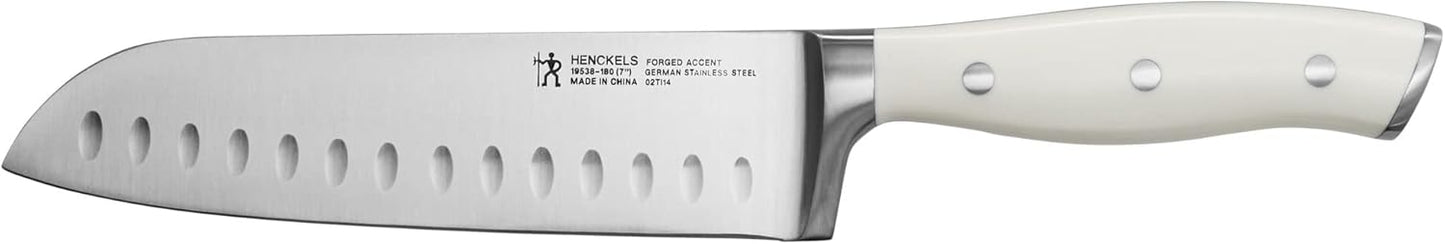 HENCKELS Forged Accent Razor-Sharp Hollow Edge Santoku Knife 7 Inch, White Handle, German Engineered Informed by 100+ Years of Mastery
