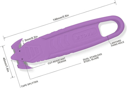 T TOVIA Safety Box Cutter Knife of Recessed Concealed Stainless Steel Blade, 10-Pack Package Opener Plastic Cutter for Box, Carton, Shrink Wrap, Plastic Straps, 5 Color