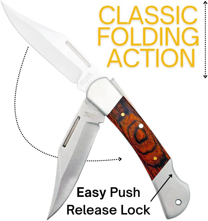 Rtek 3.75" Spanish Brown Wood Handle Pocket Knife, Lockback Traditional Folding Knife with Stainless Steel Blade for Outdoor, Survival, EDC, Camping, and Every Day Carry, Gifts for Men