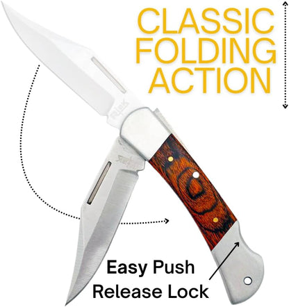 Rtek 3.75" Spanish Brown Wood Handle Pocket Knife, Lockback Traditional Folding Knife with Stainless Steel Blade for Outdoor, Survival, EDC, Camping, and Every Day Carry, Gifts for Men