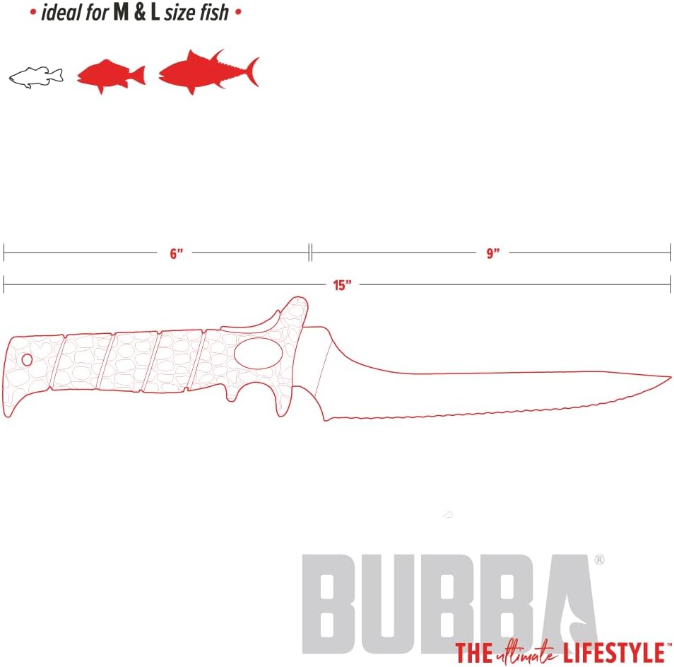 Bubba Offset Serrated Flex Fixed Fillet Knife with Non-Slip Grip, Stainless Steel, 9", For Fishing, Outdoors