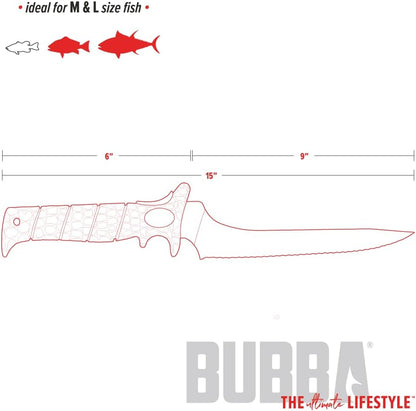 Bubba Offset Serrated Flex Fixed Fillet Knife with Non-Slip Grip, Stainless Steel, 9", For Fishing, Outdoors