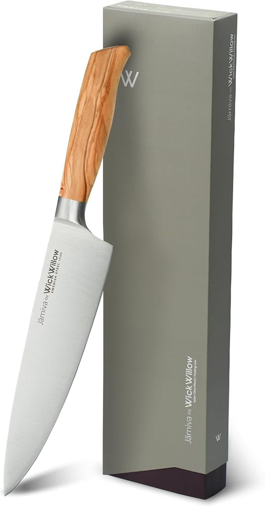 WICKWILLOW 8 Inch Chef Knife – Swedish Steel 14C28N with Italian Olive Wood Handle – Professional Kitchen Knife for Culinary Enthusiasts – Meat, Vegetables & Daily Prep – Gift Box – Jarniva Series