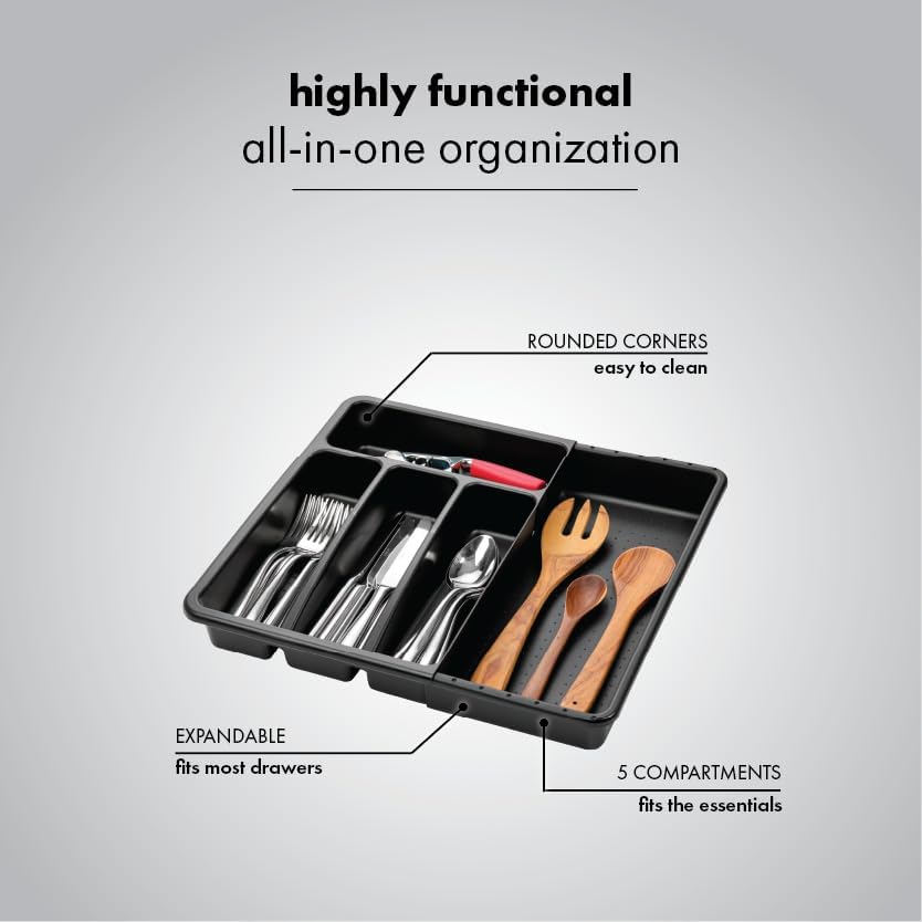 madesmart Silverware Tray, 5 Compartment Flatware Organizer for Forks, Knives & Spoons, Durable Drawer Organizer, Granite