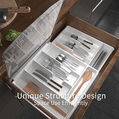 Double Layer Silverware Tray with Lid, Drawer Organizer for Utensil Tray, Cutlery Storage Holder with Cover, Black