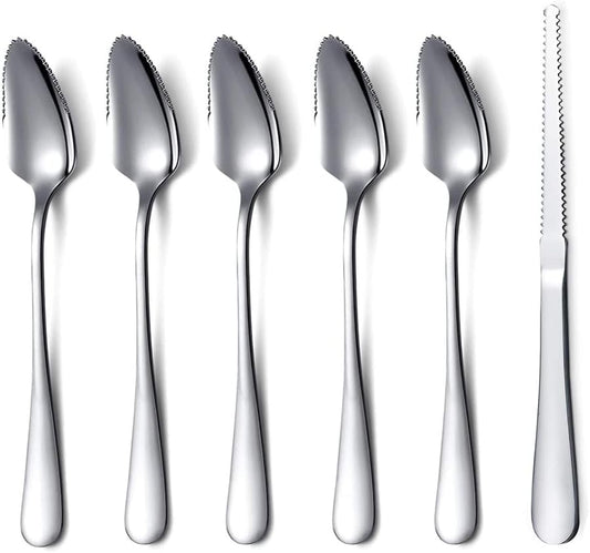 Grapefruit Spoons 6 Pieces Set, 5 Stainless Steel Grapefruit Spoon and 1 Grapefruit Knife with Titanium Plating, Grapefruit Utensil Set, Silver Kitchen Tool for Kiwi, Dessert, Apple, Citrus (sliver)