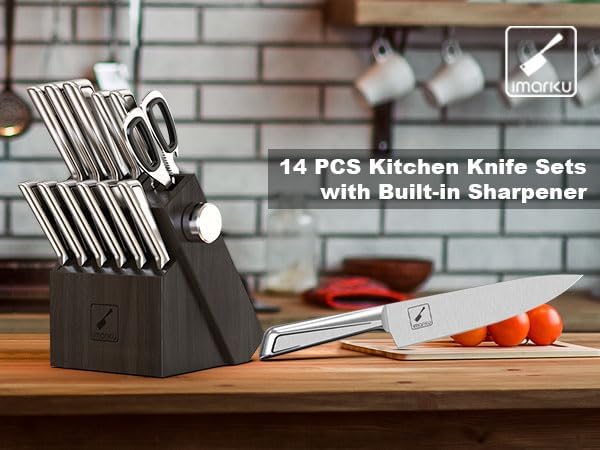 imarku 14-Piece Purple Knife Set with Block – Glides Through Meat, Fish, Veggies & Bread – Standout Color for Stylish Kitchens – Built-in Sharpener – Elegant Gift for Mom, Wife, and Yourself