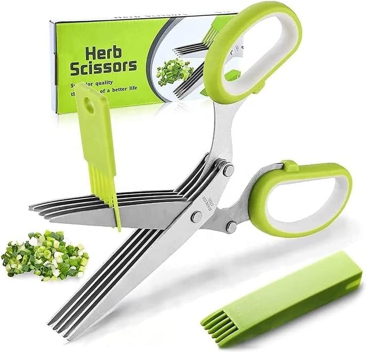 Herb Scissors with 5 Sharp Stainless Steel Blades, for Cutting Chives, Parsley, Basil and more, Includes Cleaning Comb and Safety Cover (Green)