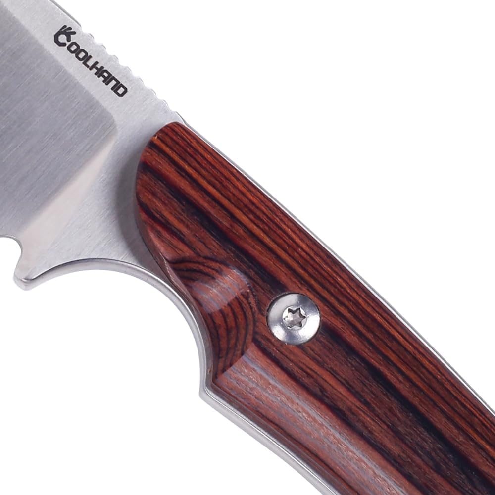 Cool Hand 5.98" Knife with Leather Sheath, Full Tang Compact Horizontal Carry Knife, Leather Belt Loop Sheath with Buckle, Outdoors Drop Point 440C Fixed Blade, Ram Horn Handle