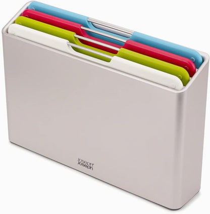 Joseph Joseph Folio Plastic Kitchen Cutting Board Set with Storage Case Color-Coded Easy-Access Design Dishwasher Safe Non-Slip, Large, Silver