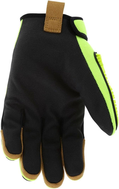 MCR Safety PD6901L Predator Hi-Visibility Mechanics Impact and Cut Resistant Work Gloves with MAXGrid Pattern Palm for Dry/Wet/Oily Grip, Tire Tread TPR on Back/Fingers/Thumb, Lime, Large