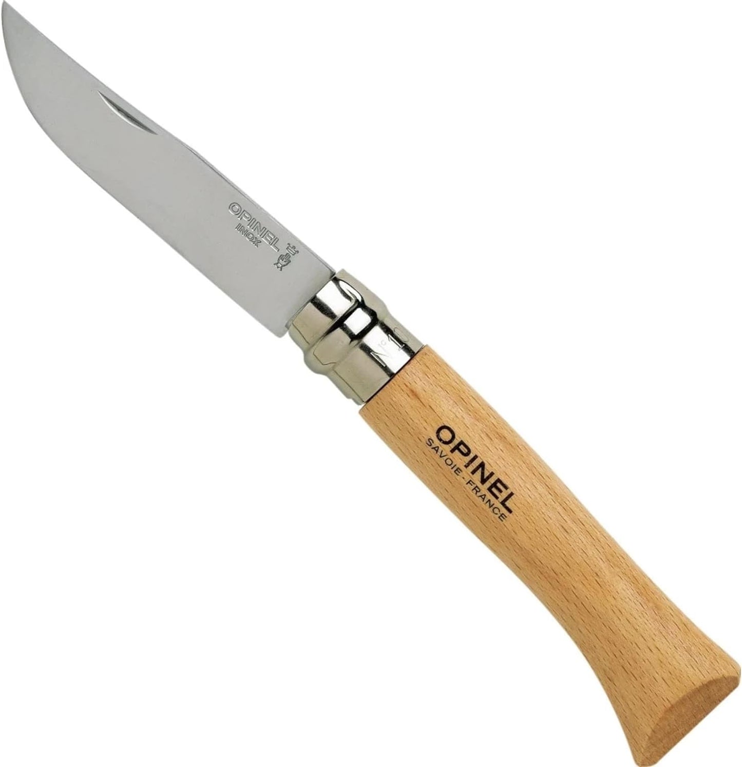 Opinel No. 08 INOX - Sandvik Stainless Steel Folding Pocket Knife, Beechwood Handle, 3.28 in Blade, Virobloc Safety Locking Collar, Made in France