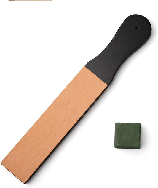 WUTA Natural Leather Sharpening Strop w/Green Polishing Compound,Knife Razor Polishing Board Wooden Handle Double-Sided Vegetable Tanned Leather