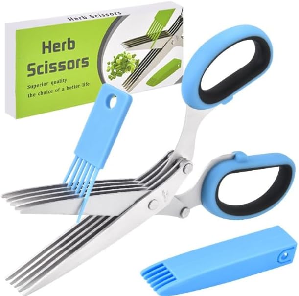 Herb Scissors with 5 Sharp Stainless Steel Blades, for Cutting Chives, Parsley, Basil and more, Includes Cleaning Comb and Safety Cover (Green)