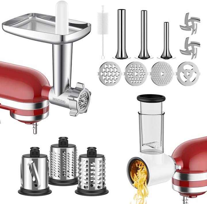 Meat Grinder & Stainless Steel Cheese Grater Attachment for KitchenAid Stand Mixer - 2 Pcs Kitchen Aid Accessories and Attachments Including Slicer Shredder and Food Grinder Attachment