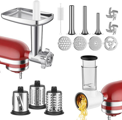 Meat Grinder & Stainless Steel Cheese Grater Attachment for KitchenAid Stand Mixer - 2 Pcs Kitchen Aid Accessories and Attachments Including Slicer Shredder and Food Grinder Attachment
