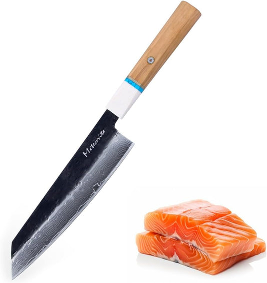 Meteorite Kiritsuke Japanese Multi-Task Knife, For Slicing & Dicing Prep, Hand-Hammered Midnight Damascus, Convex Grind Edge, Olive Wood Handle – Pro Gift IceRaven 8 Inch