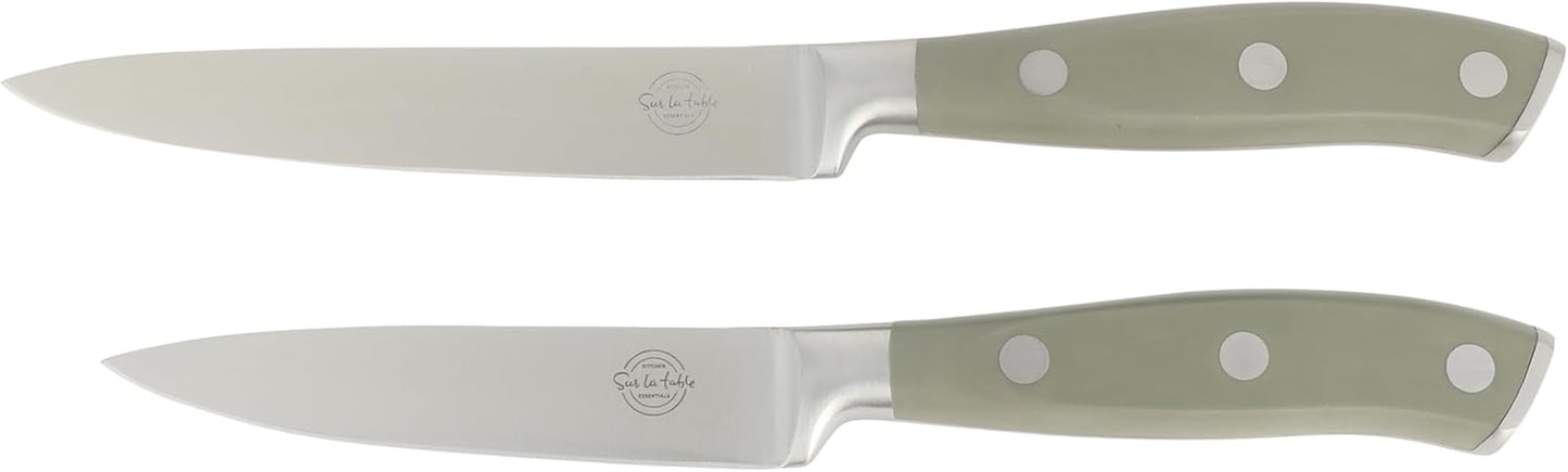 Sur La Table Kitchen Essentials Tasting Kitchen High-Carbon German Steel 7 Piece Full Tang Forged Cutlery Knife Block Set - Eggshell White W/Ashwood Block