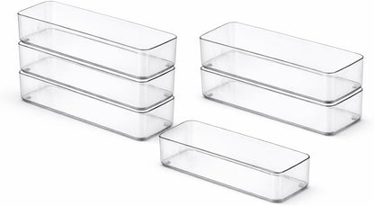 primebox Six Pcs. Plastic Clear Drawer Organizers. Stackable Storage Trays for Kitchen Utensils and Silverware. 2 Sizes. Stackable