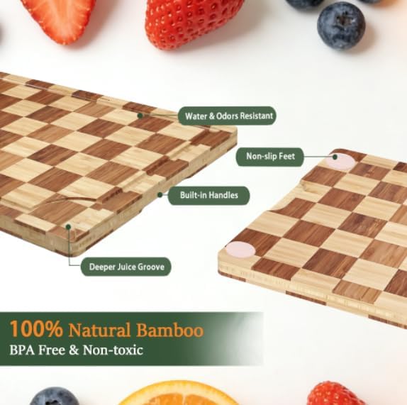 Cutting Board,Heavy Duty Cutting Board Set of 3 with Stand,End Grain Butcher Block Cutting Boards for Kitchen with Juice Grooves and Handles for Meat, Cheese, Charcuterie and Serving