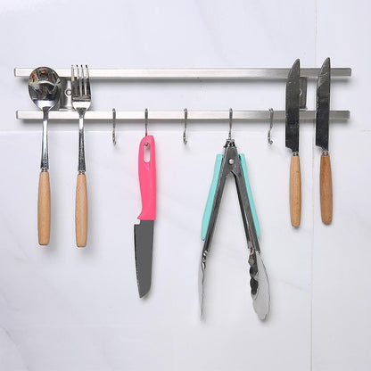Magnetic Knife Holder for Wall, Stainless Steel 18 Inch Knife Strip with 7 Storage Hooks, Wall Mount Knife Magnet Bar Rack