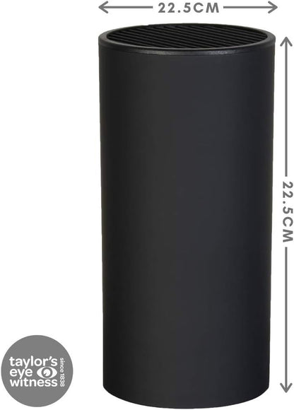 Taylors Eye Witness Empty Knife Block Universal Holder - Stores 8 Kitchen Knives, max 8”/20cm Long. Black Soft Touch Finish. Simple And Elegant Cylindrical Design, For Any Worktop. 10 Yr Guarantee.