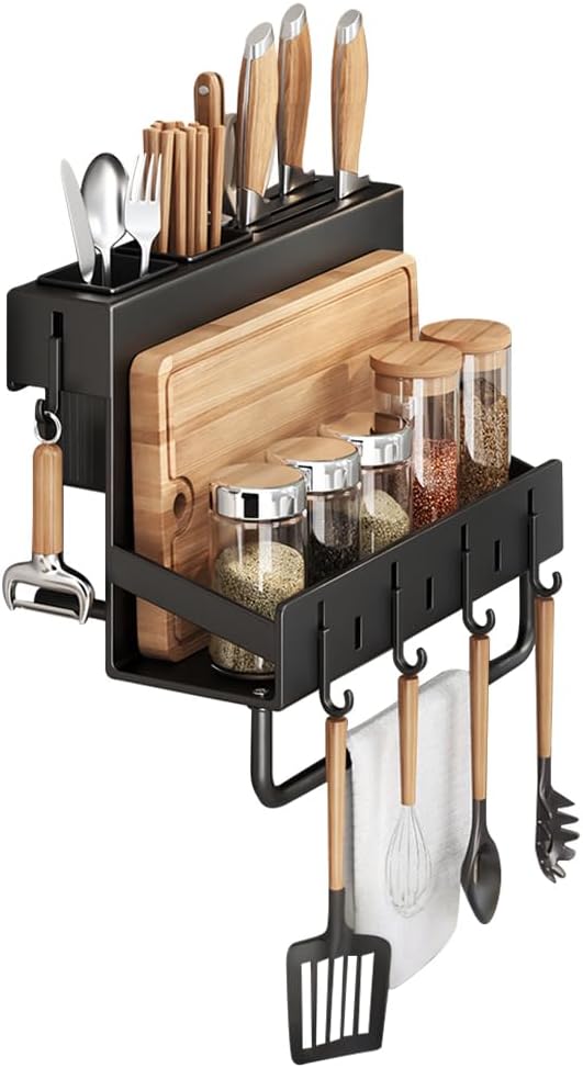 Multifunctional Wall-Mounted Knife Holder Kitchen Utensils Holder Spice Storage Organizer Rack for Knives, Spoons, Chopsticks, Towels, Pot Lids, Spice Jars (Grey)