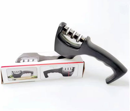 3-Stage Manual Knife Sharpener – Professional Kitchen Knife Sharpening Tool with Non-Slip Base & Ergonomic Handle – Coarse, Fine & Ceramic Slots – Portable & Easy to Use, Black
