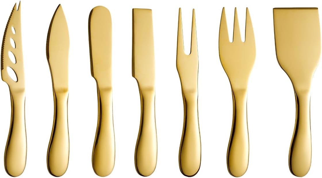 Copper Cheese Knives Set 7 Pieces Stainless Steel Kitchenware Utensils Gadgets 7 Pieces Cheese Knife,Cheese Spreader,Cheese Forks,Cheese Slicer,Cheese Cutter,Butter Knife