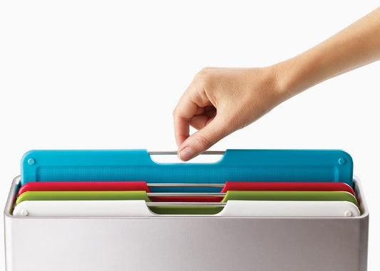 Joseph Joseph Folio Plastic Kitchen Cutting Board Set with Storage Case Color-Coded Easy-Access Design Dishwasher Safe Non-Slip, Large, Silver