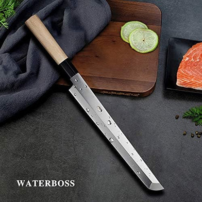 Waterboss,Japanese Sushi Chef Knife Salmon Knife Slicer Razor Sharp Sashimi Watermelon Knives, 5Cr15mov Stainless Steel Sashimi Yanagiba Knife, Maple Handle, 11.8inch (300mm)