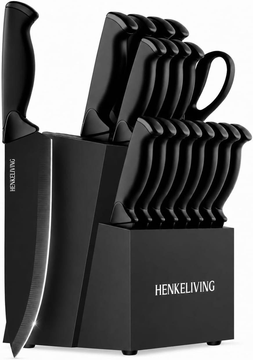Knife Set, 14-Piece Black Dishwasher Safe Kitchen Knife Block Set with Built-In Sharpener, German High Carbon Stainless Steel Blades, Ultra Sharp Knives with Ergonomic Non-Slip Handles