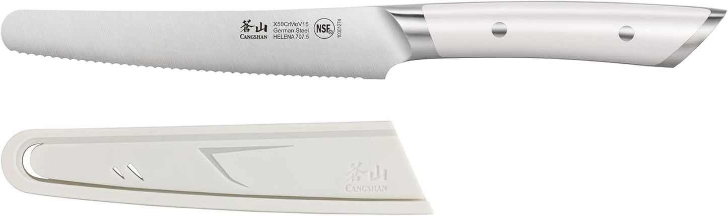 Cangshan HELENA Series 5-inch Round-Tip Serrated Utility Knife with Sheath, White