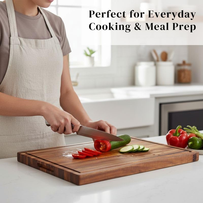 Premium Acacia Wood Butcher Block Cutting Board, 14" x 10" x 1.5" Thick Edge Grain with Deep Juice Groove, Solid Hardwood Serving Platter, Non-Toxic & BPA Free by New M Way