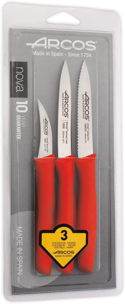 Arcos Set 3 pieces Paring Knife 3 Inch. 3 Paring Knives of Stainless Steel and Ergonomic Polypropylene Handle for Cutting Fruits, Vegetables and Tubers.. Series Nova. Color Black