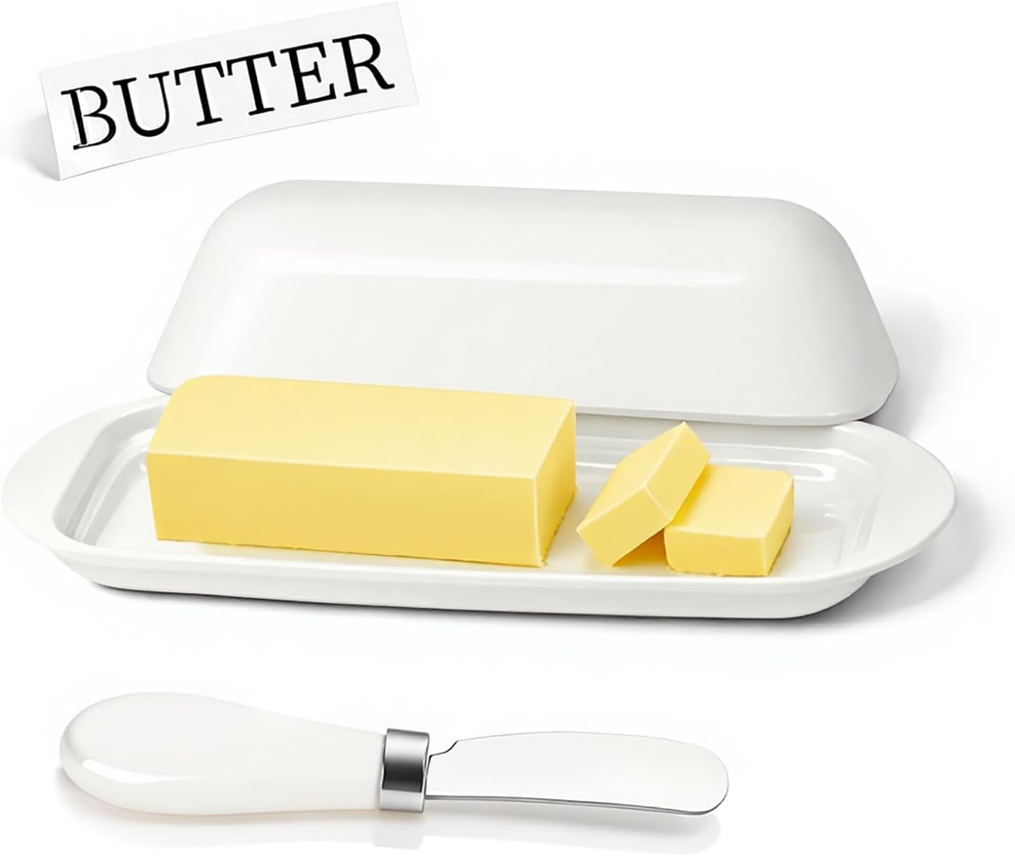 BPA-Free Melamine Butter Dish with Lid & Stainless Steel Knife - Farmhouse Butter Keeper for Countertop & Refrigerator, Dishwasher Safe, Holds 1 Stick with East & West Coast Butter-Cream